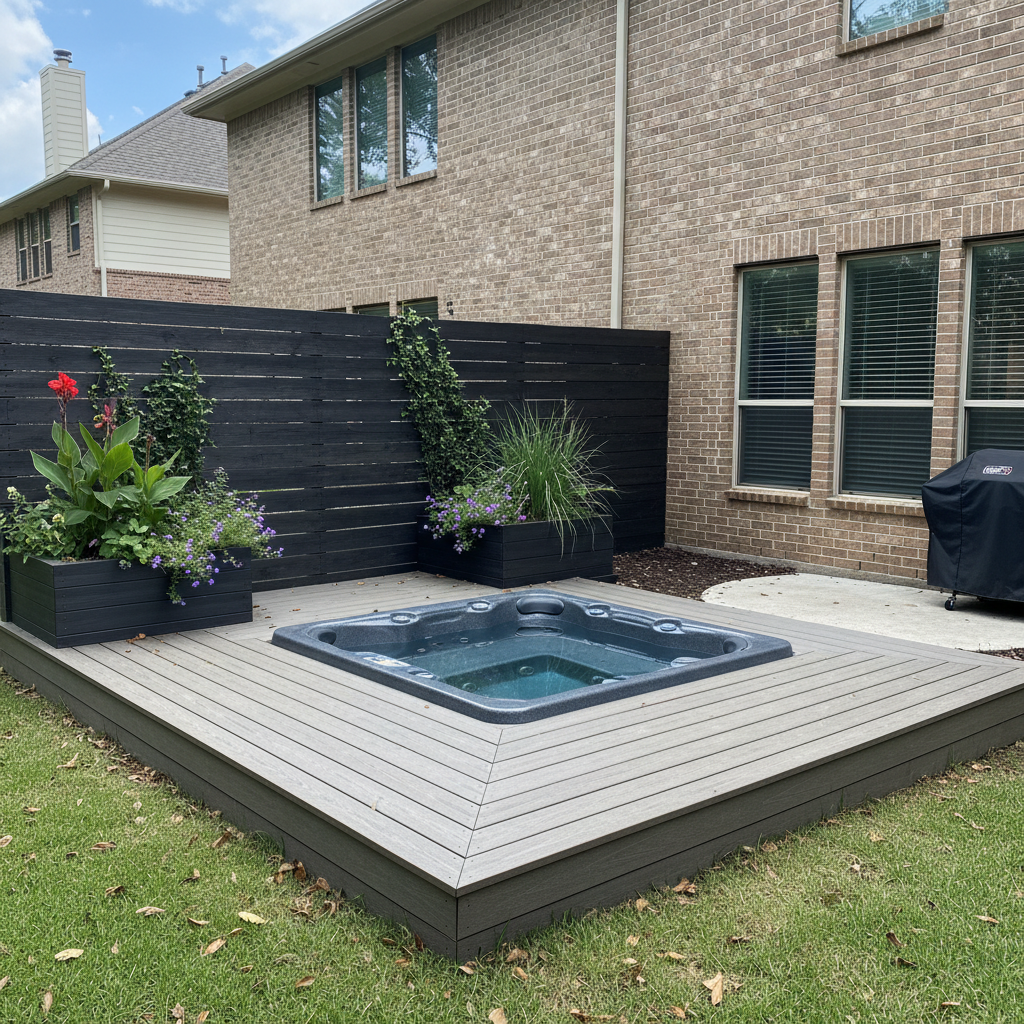 A square hot tub set into a light gray composite deck, with a black horizontal slat fence with planters behind it.
