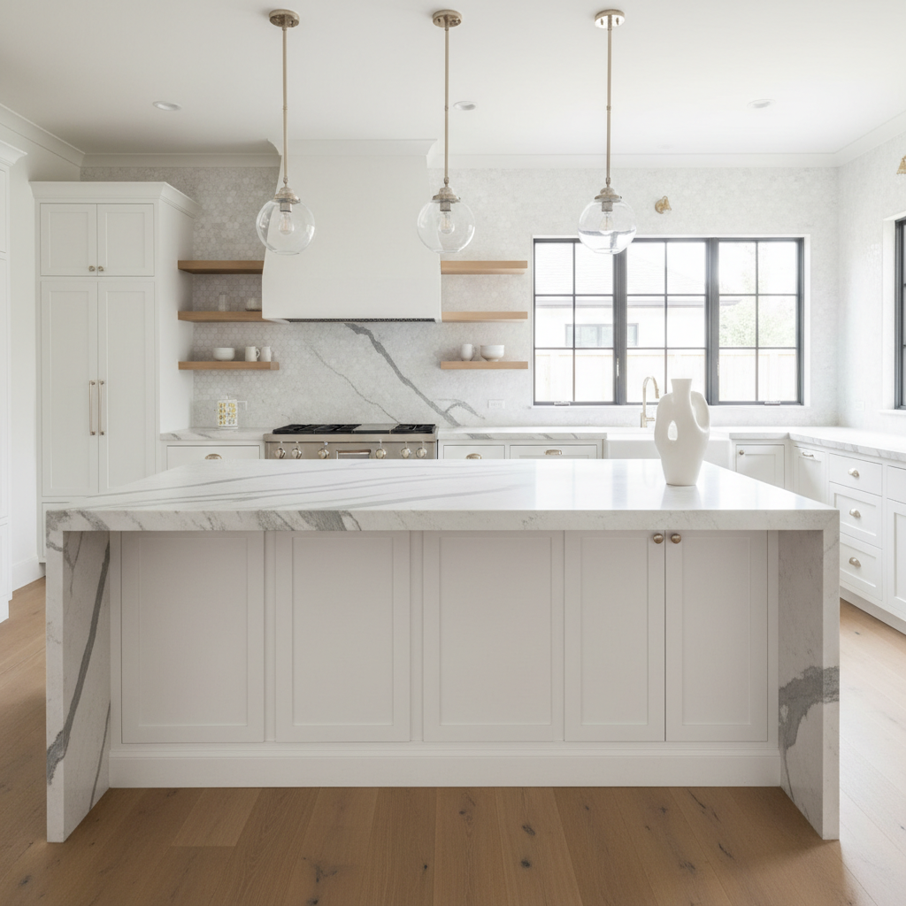 A bright, modern kitchen with white quartzite countertops, white inset cabinets, a smooth plaster range hood, and light wood floors.