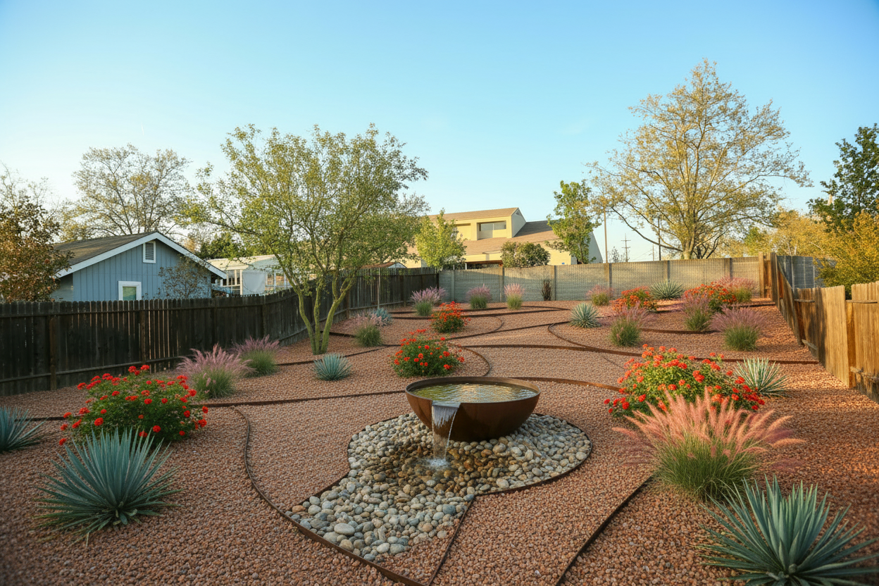 A xeriscape backyard with rust-toned crushed stone, corten steel edging, a corten steel water bowl, a palo verde tree, lantana, and pink muhly.