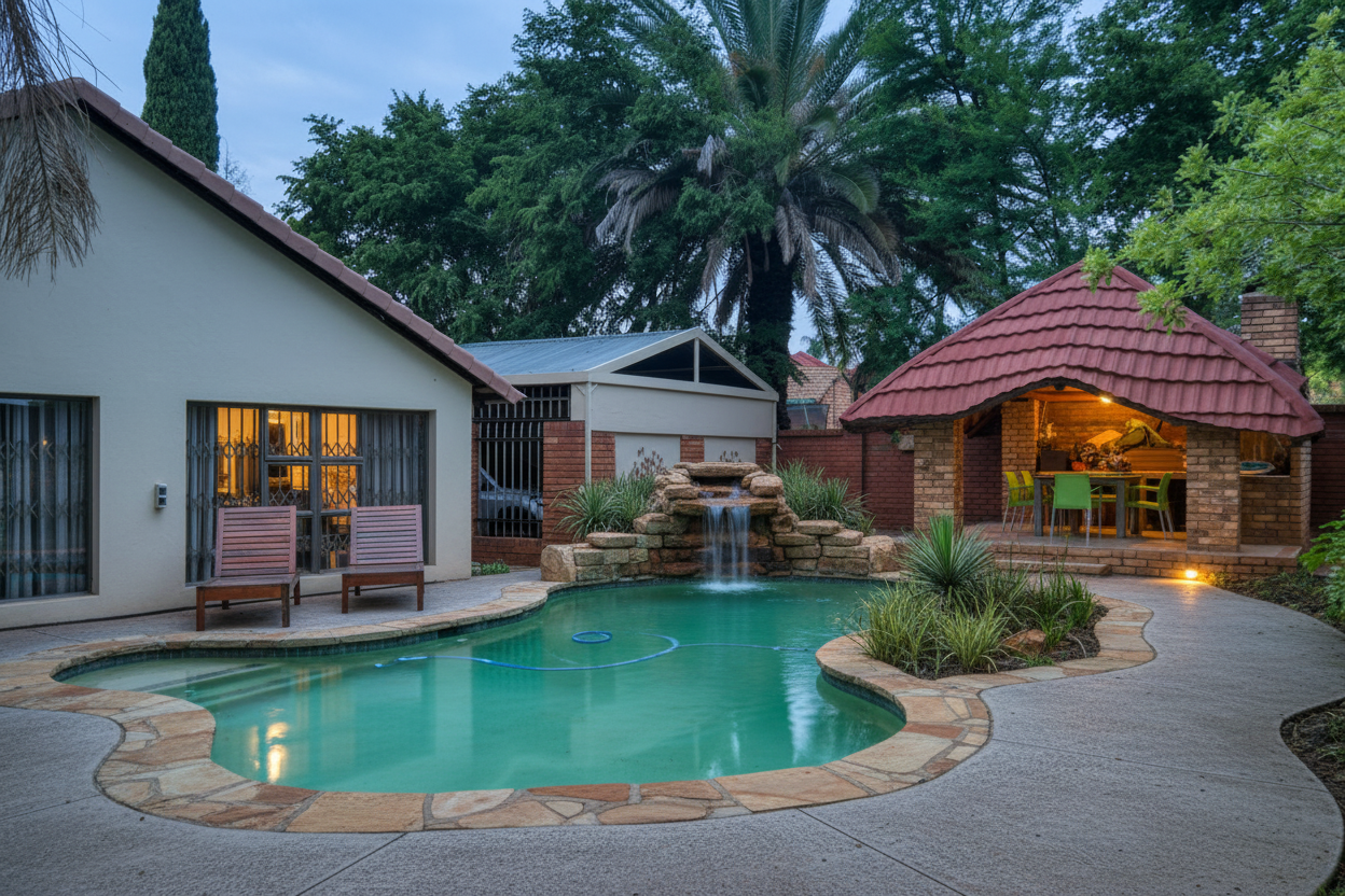 A freeform lagoon-style swimming pool with flagstone coping, a cool-gray concrete deck, and a natural rock waterfall.