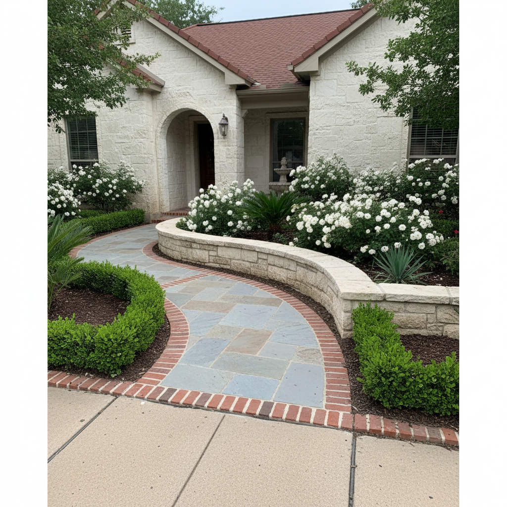 A bluestone walkway with a red brick border leads to a house with a low stone seat wall and white shrub roses.