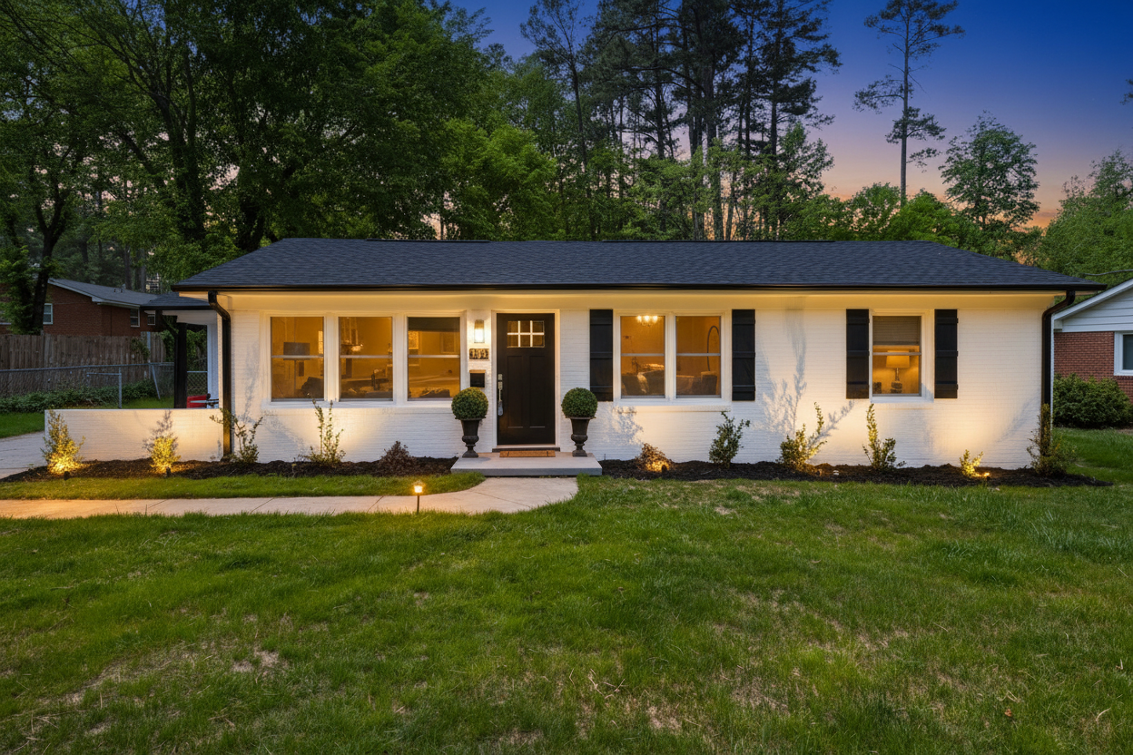 A white ranch-style home with a dark roof and black shutters, illuminated by warm uplighting and a path light.