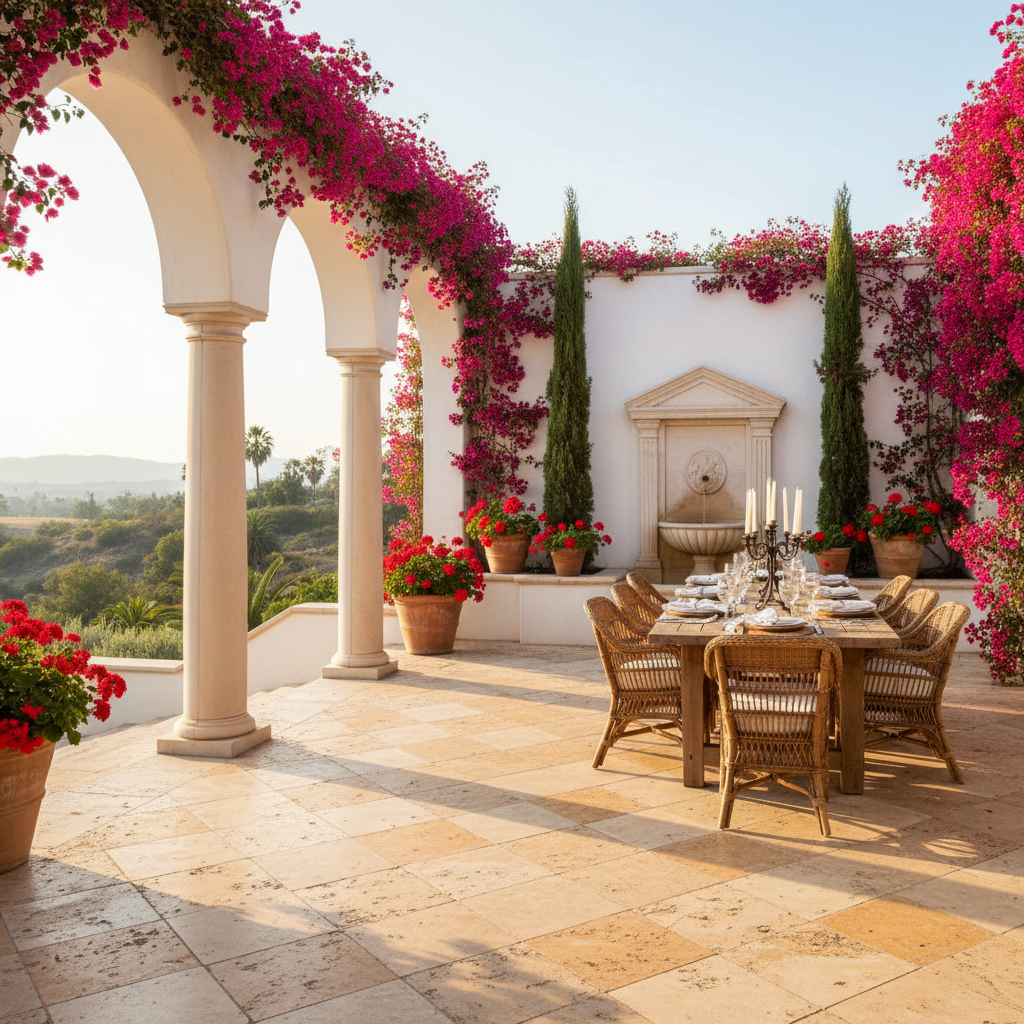 A Mediterranean dining terrace with tumbled travertine pavers, a whitewashed loggia, a carved limestone fountain and bougainvillea