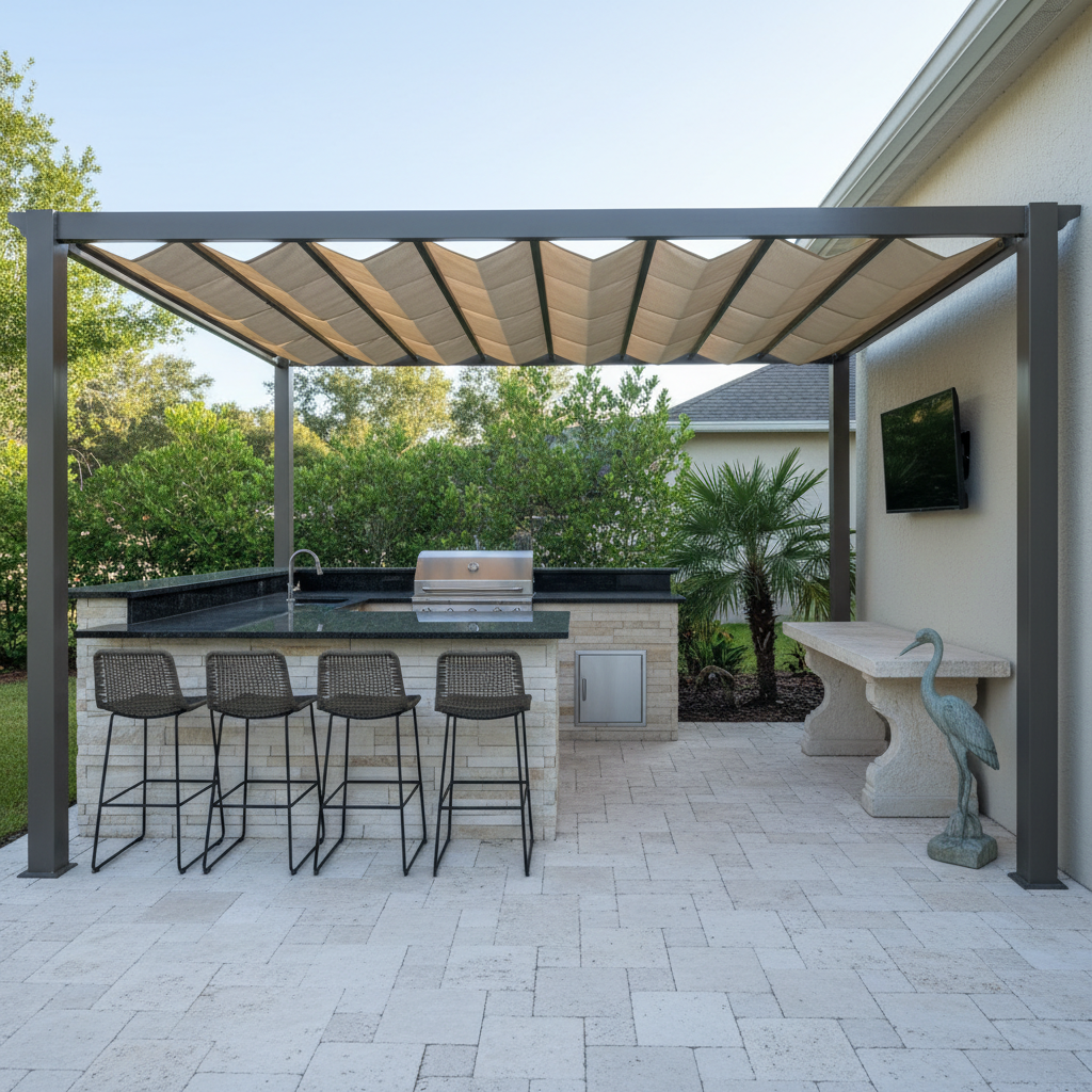 An outdoor kitchen with a black granite countertop, stacked limestone base, and a steel pergola with a sand-colored shade.