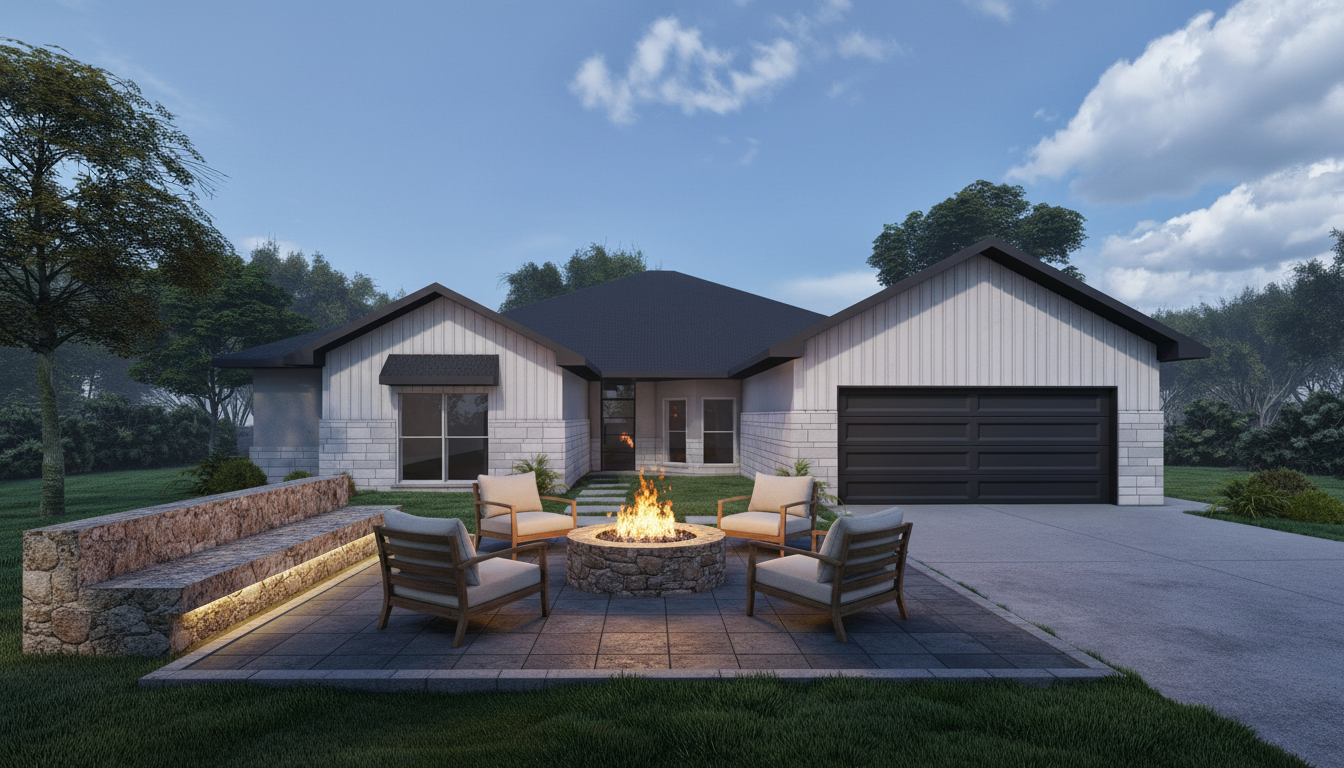 A fire pit lounge with four teak chairs and a granite fire pit, set on light gray pavers in front of a modern house.