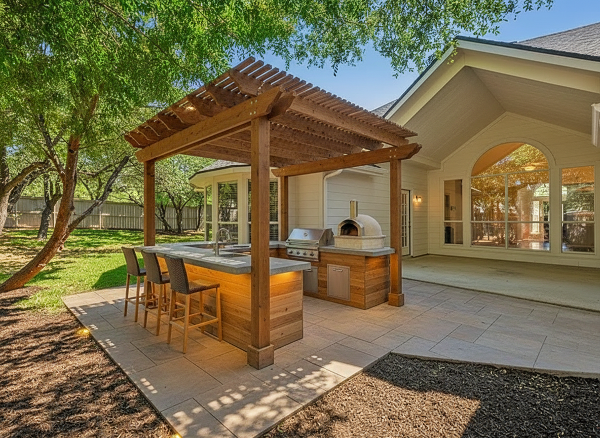 An outdoor kitchen featuring a cedar pergola, polished concrete countertops, and a built-in pizza oven, set on warm-gray pavers.