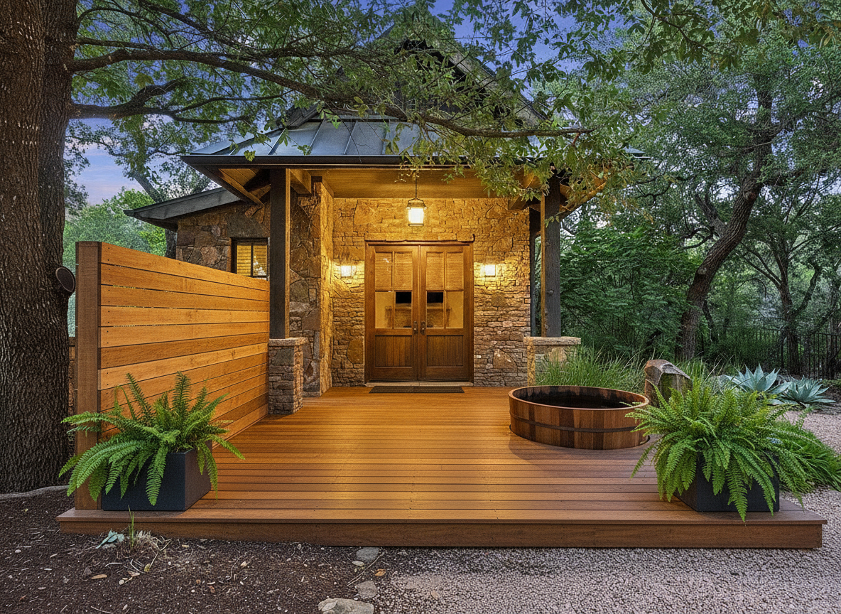 A wooden deck with a cedar privacy screen, a cedar soaking tub, and potted ferns, set against a stone building and lush trees.